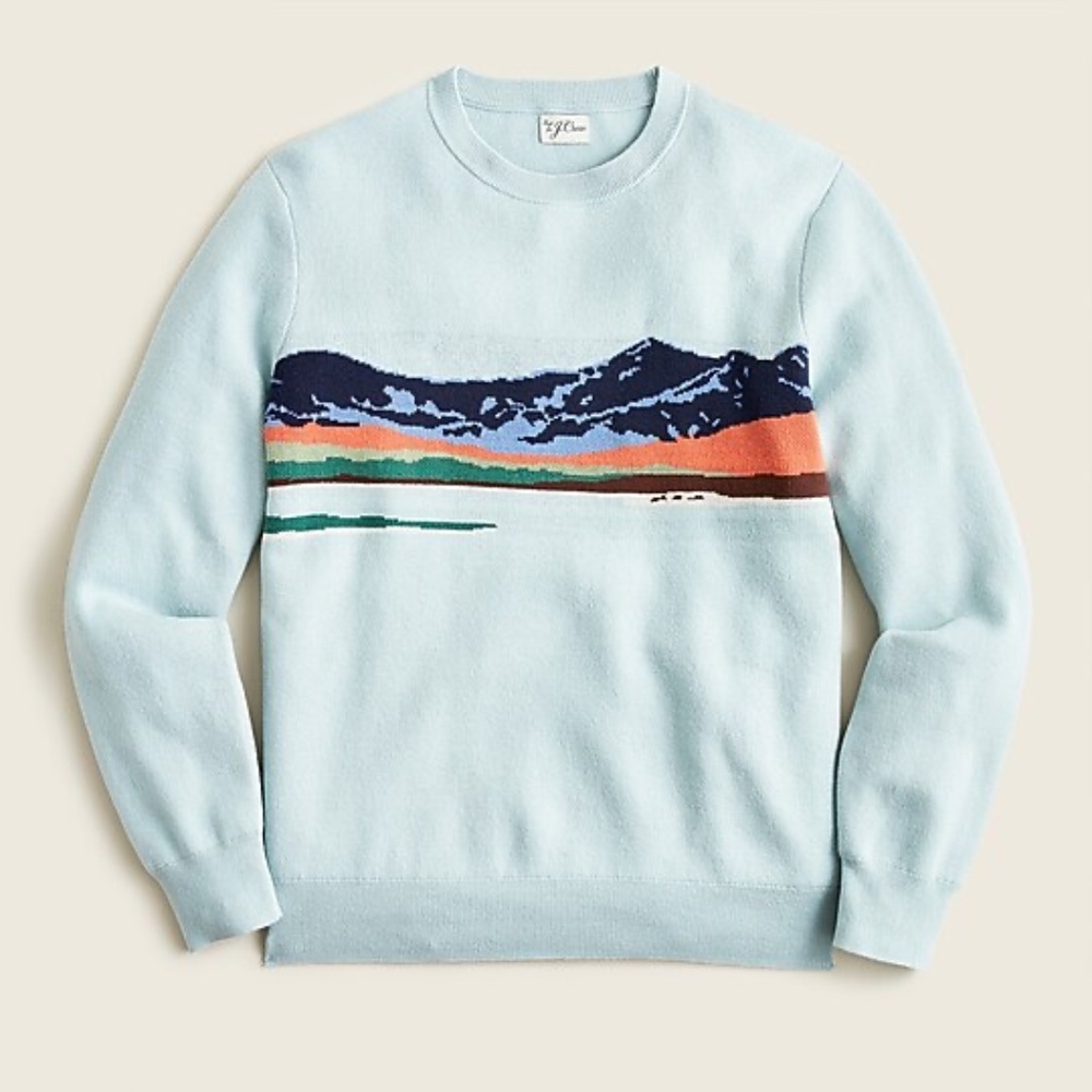 NWT J.Crew Organic Cotton Landscape Blue Sweater